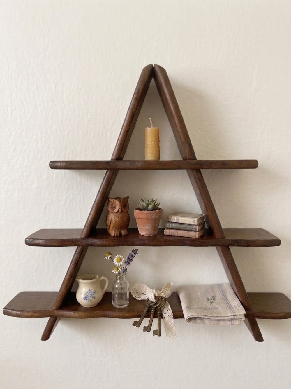 Vintage Wooden Triangle Trinket Wall Shelf